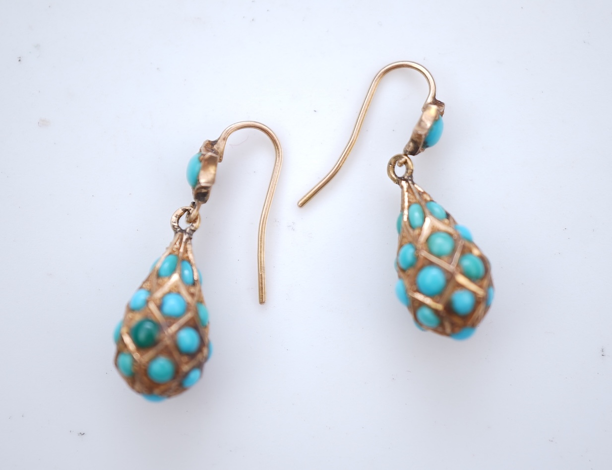 A pair of gold and turquoise earrings, late 19th century
